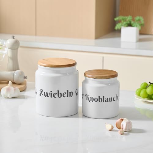 Large Ceramic Garlic Keeper, Garlic Holder Storage with Wooden Lid