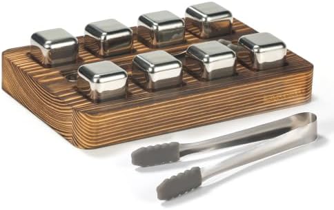 SAMEBUTECO Whiskey Stones with Holder Set,8-Piece Stainless Steel Reusabl Rocks 1 Tray & 1Tongs – Non-Diluting Chiller for Scotch & Bourbon,Gift for Whiskey Lover