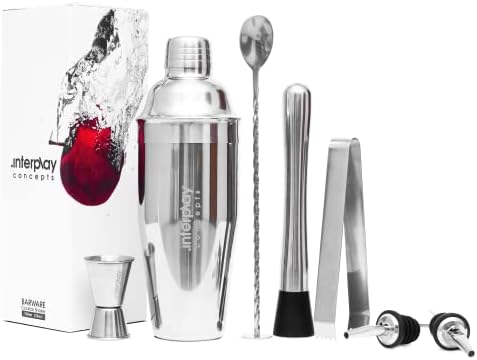 Interplay Concepts Cocktail Shaker Set, 8Pcs Stainless Steel Barware-Tool, Includes Jigger, Bar Spoon, Bottle Pourers, Tong, Strainer, 750ml Boston Shaker