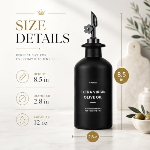 Olive Oil Dispenser for Kitchen, 2-Pack 12oz Black Glass Bottle with Labels