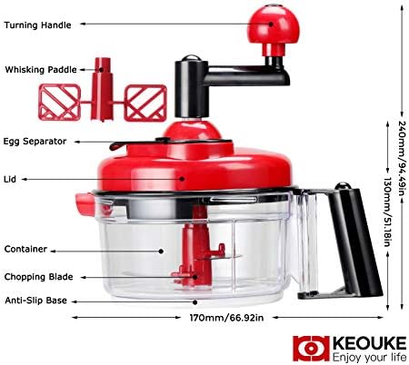 KEOUKE Hand Crank Food Chopper Red - Manual Food Processor with Egg Separator, Labor-Saving, Easy to Clean, Large Vegetable Mixer Blender for Onion, Garlic, Salad, Salsa, Nuts, Meat, Fruit, etc