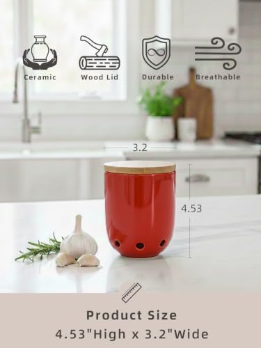 LEETOYI Ceramic Garlic Keeper for Counter, Garlic Holder with Wood Lid (Red)