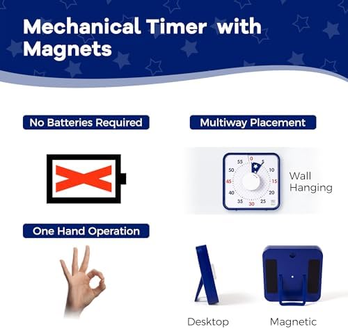 TWENTY5 SEVEN Countdown Timer 7.5 inch; Patriotic 60 Minute 1 Hour Visual Timer, Classroom Teaching Tool Office Meeting, Mechanical Magnetic Countdown Clock for Kids Exam Time Management, Blue