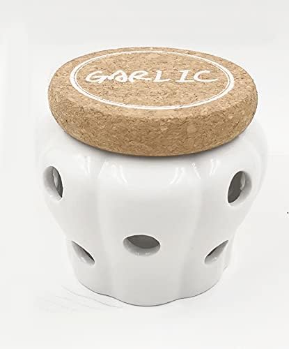 XINLI Rustic Garlic Keeper Vented Ceramic Storage Container. White Stoneware with Nature Cork Lid. 4.3 x 4.3 x 3.7 inches