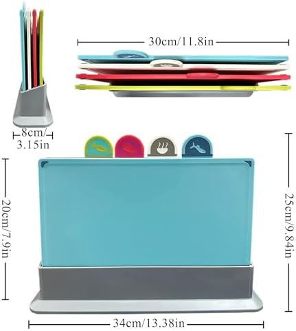 Cutting Board Set with Storage Stand,4 Colour Plastic Cutting Board Set with Food Icon,Suitable for Different Foods