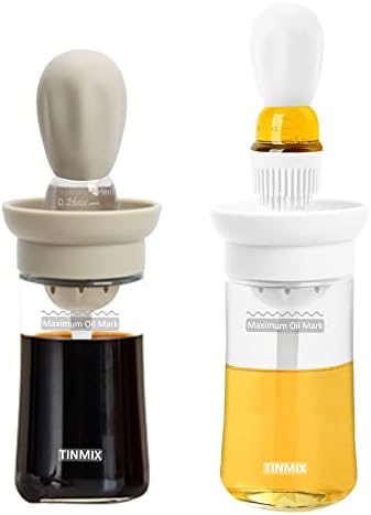Oil Dispenser with Brush - 2 Pack Glass Olive Oil Dispenser, 2 IN 1 180ml Oil Dispensing Bottle with Basting Brush for Cooking Frying Baking Kitchen, T-OB21S, White+Grey
