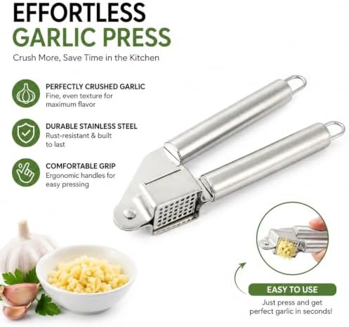 Garlic Press Stainless Steel Heavy Duty | Ergonomic Easy-Press Garlic Mincer for Arthritis & Weak Hands | Easy to Clean, Dishwasher Safe Manual Garlic Crusher for Home Kitchen