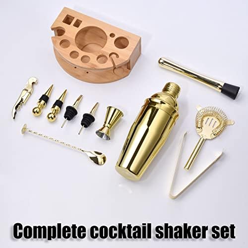 Bartender Kit with Stylish Bamboo Stand, 12 Piece 25oz Cocktail Shaker Set for Mixed Drink, Professional Stainless Steel Bar Tool Set, Gift for Man Dad- Cocktail Recipes Booklet (Gold)