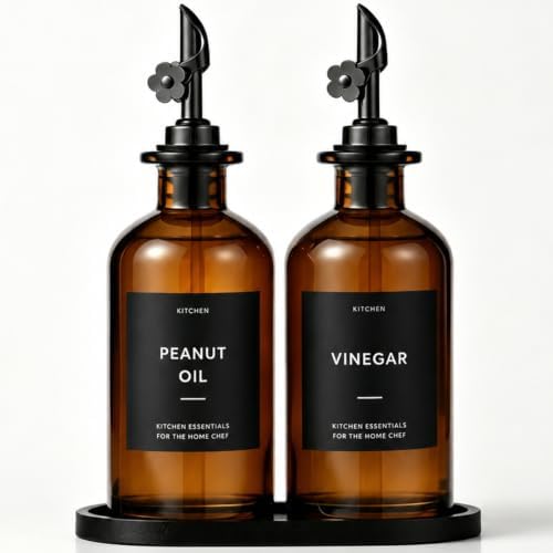 Olive Oil Dispenser for Kitchen, 2-Pack 12oz Glass Bottle with Black Labels