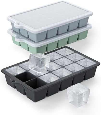 Silicone Ice Cube Tray 3 Pack - EASY RELEASE ice cube tray with lid, BPA Free Ice Cubes Trays for Freezer,ice cube mold for Cocktail,Whiskey (Black+Grey+Mint)