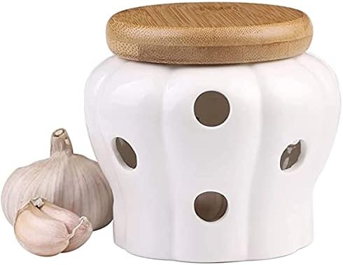 MEKBOK Garlic Keeper,Garlic Keeper for Counter,White Ventilated Garlic Container,Ceramic Garlic Storage Container with Bamboo Lid