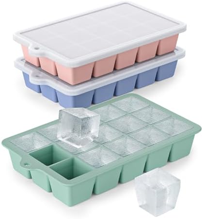Silicone Ice Cube Tray 3 Pack - EASY RELEASE ice cube tray with lid, BPA Free Ice Cubes Trays for Freezer,ice cube mold for Cocktail,Whiskey (Mint+Pink+Blue)