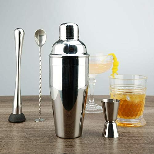 PG Professional Bartender Kit - 6PC Premium Cocktail Stainless Steel Shaker Set - 24oz Martini Shaker Gloss Finish, with Muddler, Stirring Spoon, 2X Wine Pourer, and Double Jigger
