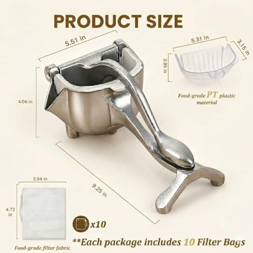 Fruit Juice Squeezer Manual Juicer, Aluminum Hand Juicer Juice Press with 10Pcs Metal Filter filter bag,Juice Squeezer Handheld Manual Juicer Hand Press with Ergonomic Grip for Lemon, Orange & Citrus