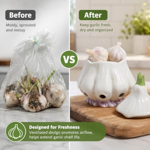 Yohsnor Ceramic Garlic Storage with Lid, 6.7x5.3in,Garlic Keeper Container