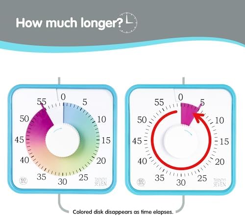 Visual Timer 7.5 inch; 60 Minute 1 Hour Countdown Timer for Kids Classroom Home Office Meeting, Mechanical Countdown Clock for Exam Time Management Magnetic, Sky Blue with Colorful Disc White Knob