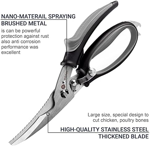 Poultry Shears Heavy Duty Professional – Sharp Kitchen Scissors Heavy Duty Dishwasher Safe - Stainless Steel Turkey Shears - Spring Loaded Ergonomic Handles - All Purpose Kitchen Shear Grey