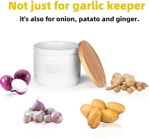 ONTUBE Ceramic Garlic Keeper with Wooden Lid 4-Inch,Garlic Holder (White)