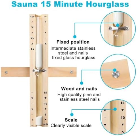 Sauna Hourglass Sand Timer 15 Minute, Heat Resistant 15 Min Wood White Clock, Sand Watch, Rotating Large Reloj De Arena, Wooden Hour Glass Sandglass for Sauna Room