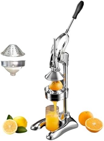 LIU&LIU Hand Press Fruit Juicer,Stainless Steel Citrus Juicer with Lever Press,Manual Squeezer with Two Sets of Press Lids and Filters for Lemon Orange,Silver White