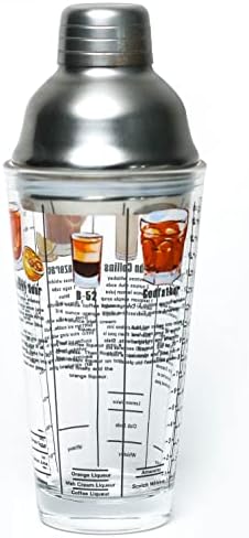 14 oz Recipe Glass Cocktail Shaker With Strainer Top - Includes 6 Cocktail Drink Recipes (Whiskey Theme)