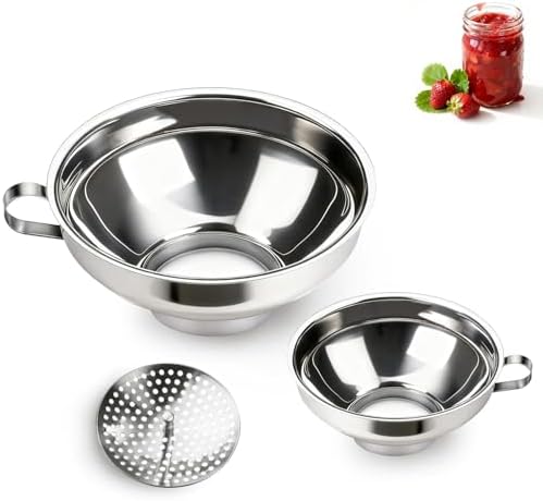 Canning Funnel with Strainer, Wide Mouth Funnels for Filling Wide and Regular Mason Jars Three-Piece Set, Food Grade Stainless Steel Canning Supplies for Kitchen Use (Silvery)