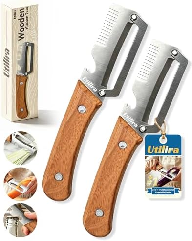 Shredder - 3-in-1 Multifunctional Vegetable Peeler with Bottle Opener & Julienne Shredder, Wide Stainless Steel Blade and Non-slip Wooden Handle, Peeler Knife for Fruits, Vegetables (2pcs)