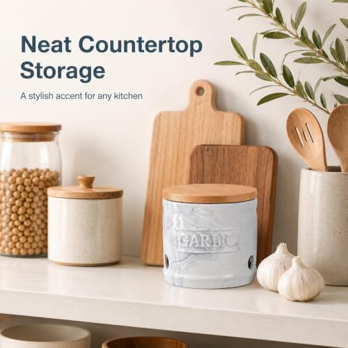 ONEMORE Garlic Keeper for Counter Ceramic Garlic Holder Countertop Storage Container with Lid - Marble Style Garlic Saver for Kitchen