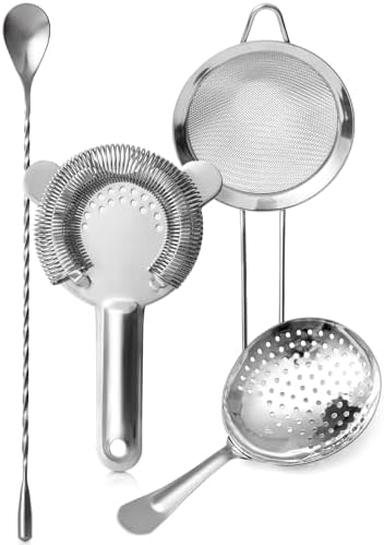 Etens Cocktail Strainer Set – Bar tools Stainless Steel Includes Hawthorne Strainer, Julep & Fine Mesh Cocktail Strainers, Mixing Spoon – Drink Shaker Strainer for Bartending