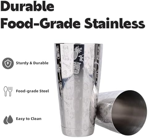 Boston Cocktail Shaker Etched Set, Jigger Spoon 17/24oz Sliver