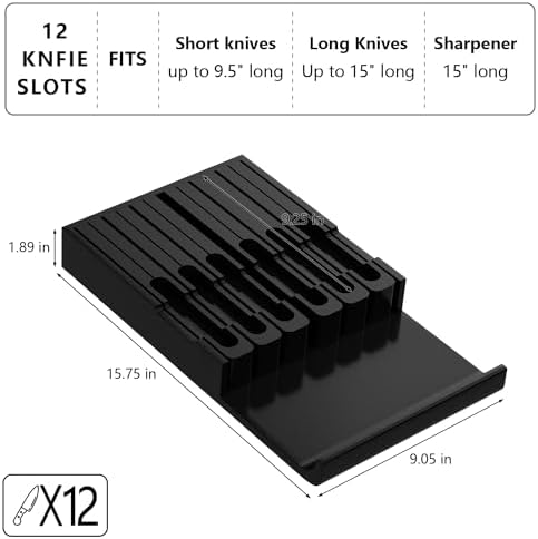 Domax Bamboo In-Drawer Knife Block - Kitchen Drawer Organizer Insert, Steak Knife Holder without Knives, Fits 12 Knives and 1 Sharpening Steel (Not Included), Black