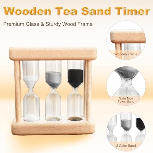 Wooden Tea Timer 3-4-5 Minute, Natural Wooden Frame Hourglass Timer, Colorful Sand Clock, Small Trio Sand Timer for Tea & Home Decor, Reloj De Arena, Mini Tea Sand Watch