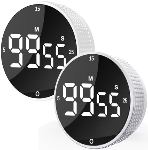Digital Kitchen Timer - Magnetic Countdown Count Up Clock with Large LED Display, 5/15/25 Min Presets, 3 Volume Levels, Rotary Dial for Cooking, Productivity, Classroom, Fitness (2, White)