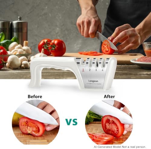 Longzon 5-in-1 Knife Sharpener 4 Stage with Cut-Resistant Glove, Off-white