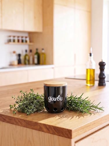 Ceramic Garlic Keeper for Counter with Wood Lid (Black)