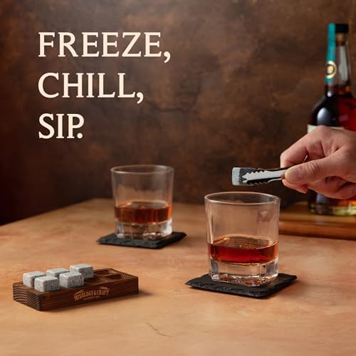 Mixology & Craft Whiskey Stones Gift Set – Includes Two 10oz Crystal Whiskey Glasses, 8 Granite Chilling Rocks, Slate Coasters, Metal Tongs, Cocktail Recipe Cards, Elegant Wooden Storage Box