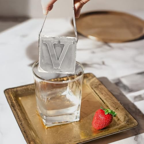 Monogrammed Ice Cubes Mold with Lid, 2 inch Whiskey Ice Cube Tray, Personalized Initials Silicone Cocktail Ice Cube Mold, Wedding Monogram, Thank You Gift, Gifts for Dad (Letter V)