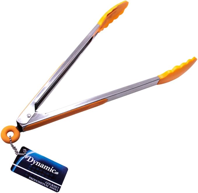 Dynamic 12" Locking Tongs With Silicone Heads, Orange