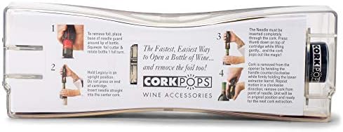 Cork Pops Legacy Wine Opener Built-in 4-Blade Foil Cutter Safe Cork Removal, Effortless Push Button Use, Needle Guard for Safety, Low-Pressure Cartridge Opens Up To 60 Bottles