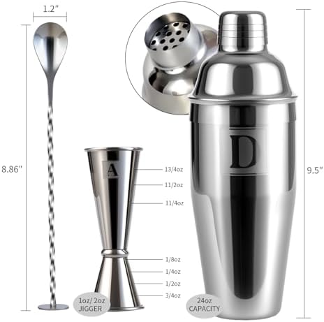 24oz Cocktail Shaker Set with 1 oz 2oz Jigger - Monogramm Initials Martini Shaker Set - 304 Stainless Steel Bar Shaker for Margarita,Mojito-Personalized Gift for Friend,Husband-O