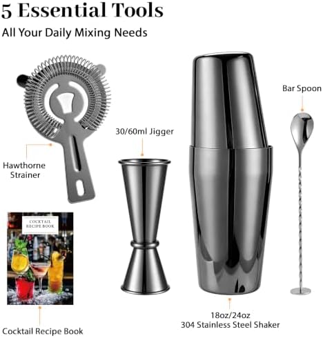 Boston Cocktail Shaker Set, 18 oz & 28 oz 2-Piece Tins, 304 Stainless Steel Bartender Kit 5-Piece Bar Tool Set with Recipe Book, Perfect for Novices & Pros, Home and Bar Use (Black)