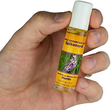 Spikenard Anointing Oil from Israel Boxed Gift Set with Dispenser, Holy Jerusalem Oil & Silver Metal Keychain Bottle Container, Plastic Dropper & Small Glass Vial, Aceite Ungido y Botella