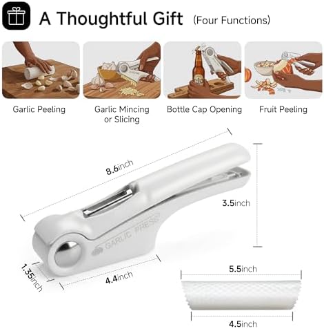 2-in-1 Garlic Press and Peeler Set - Manual Garlic Crusher Masher with Silicone Roller & Easy-to-Clean Design, Fastest Kitchen Tool for Peeling and Mashing Garlic Cloves