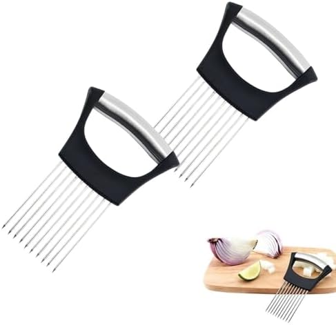 Onion Holder for Slicing, 2026 New Stainless Steel Onion Slicer Vegetable Chopper,Cutter for Meat, Onion, Potato, Tomato,Fruit,Food Slicer Assistant Tool,kitchen gadgets (Black 2PC)