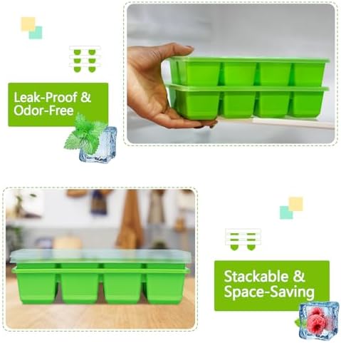 Large Ice Cube Trays 2 Pack, Silicone Easy-Release and Flexible Ice Cube Molds with Lids,1.8" Big Square Cubed Ice Trays for Whiskey and Cocktail, BPA Free and Dishwasher Safe (Green)