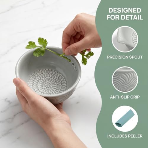 Ceramic Grater Bowl with Herb Stripper & Silicone Garlic Peeler