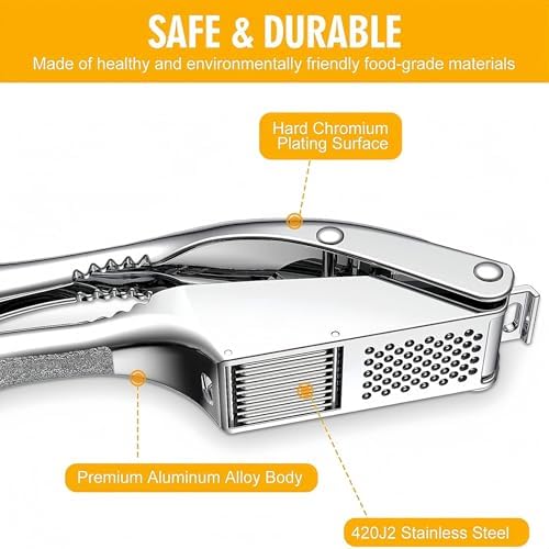 WUJIE Stainless Steel Garlic Press and Slicer - 2-in-1 Crusher and Mincer, Professional Kitchen Tool with Cleaning Brush for Garlic and Ginger, Aluminum Alloy