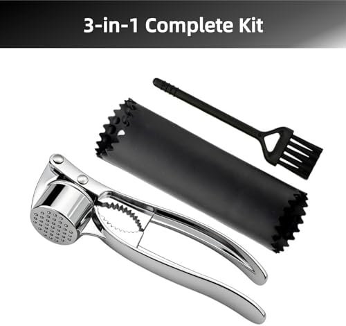 Multi-Purpose Garlic Press Nut Cracker Kitchen Tool, Large Caliber Thickened Zinc Alloy Mincer Squeezer, Precise Holes for Fine Paste, Dishwasher Safe with Peeler & Cleaning Brush (Silver - 3set)