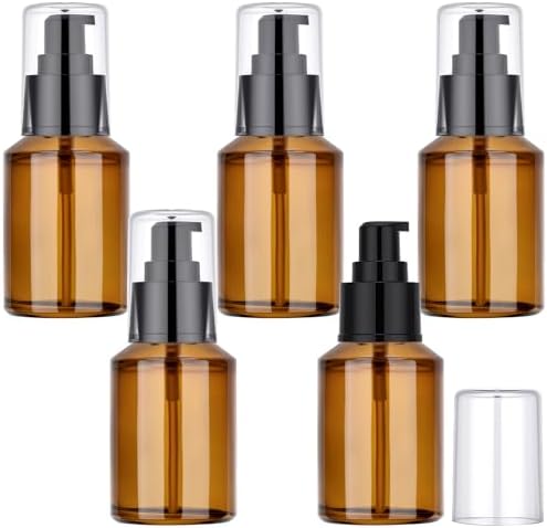Segbeauty 2oz Refillable Glass Travel Size Empty Bottles, 5pcs Amber Lotion Pump Bottles Empty, 60ml Mini Travel Lotion Container, Small Cosmetic Container Bottle Pump Dispener for Creams Oils Liquids