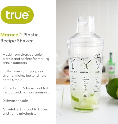 True Maraca Cocktail Shaker with Built In Strainer, Drink Mixer with 7 Classic Drink Recipes & Measurements, Perfect for Game Nights, BBQ, House Party, Picnic, Home Bar Accessories, 16 oz, Set of 1